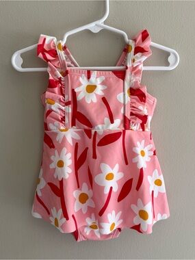Hanna Andersson Baby Girl Pink Daisy Ruffle One-Piece Swimsuit Size 6-12mos